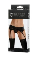 Комплект Glossy з матеріалу Wetlook (пояс з пажами для панчох та трусики), чорний - S(955021)