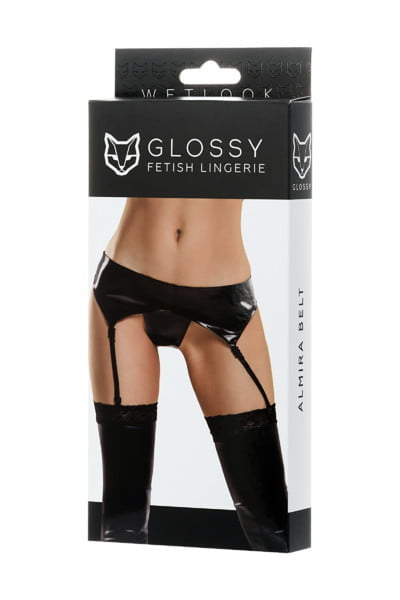 product_528825f64ad3049378 Комплект Glossy з матеріалу Wetlook (пояс з пажами для панчох та трусики), чорний - S(955021) - Зображення 1