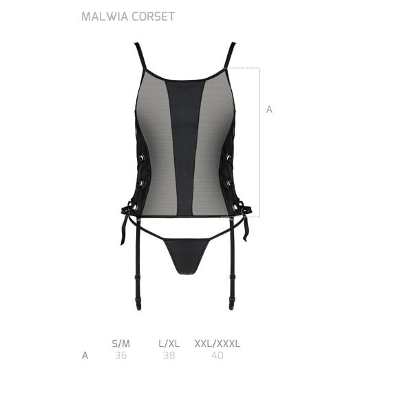 Сітчастий корсет з люверсами та знімними пажами Passion MALWIA CORSET S/M, black, екошкіра, стрінги - Зображення 7