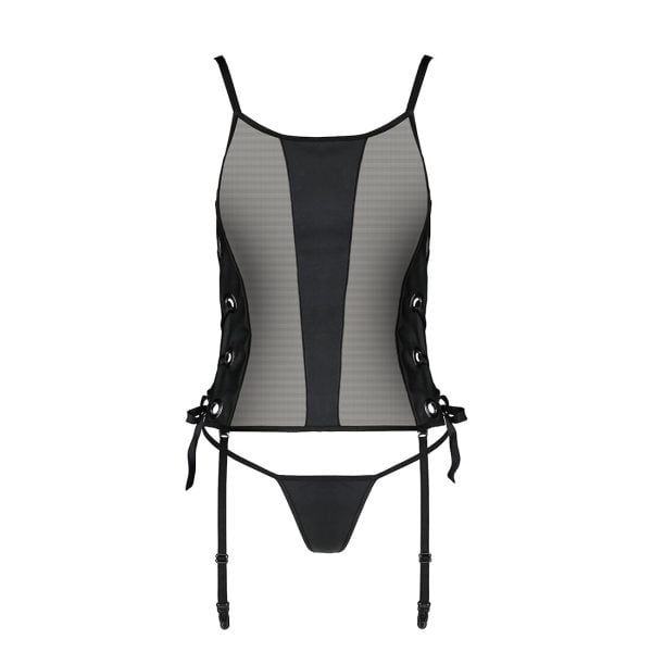 Сітчастий корсет з люверсами та знімними пажами Passion MALWIA CORSET S/M, black, екошкіра, стрінги - Зображення 5